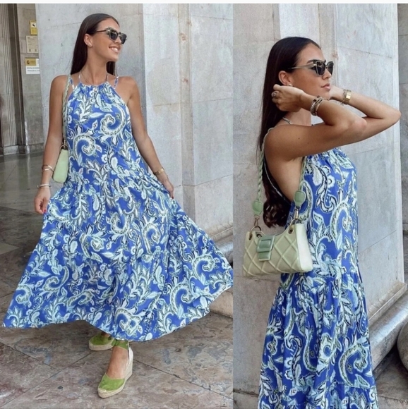 Zara Tiered Floral Print Blue White Cotton Dress Bloggers Favorite - Picture 3 of 16